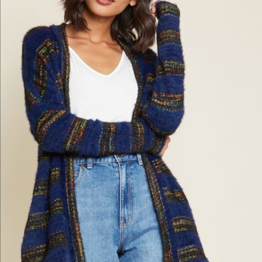 Modcloth Blue Striped Relaxed Fit Long Sleeve Open Cardigan Sweater